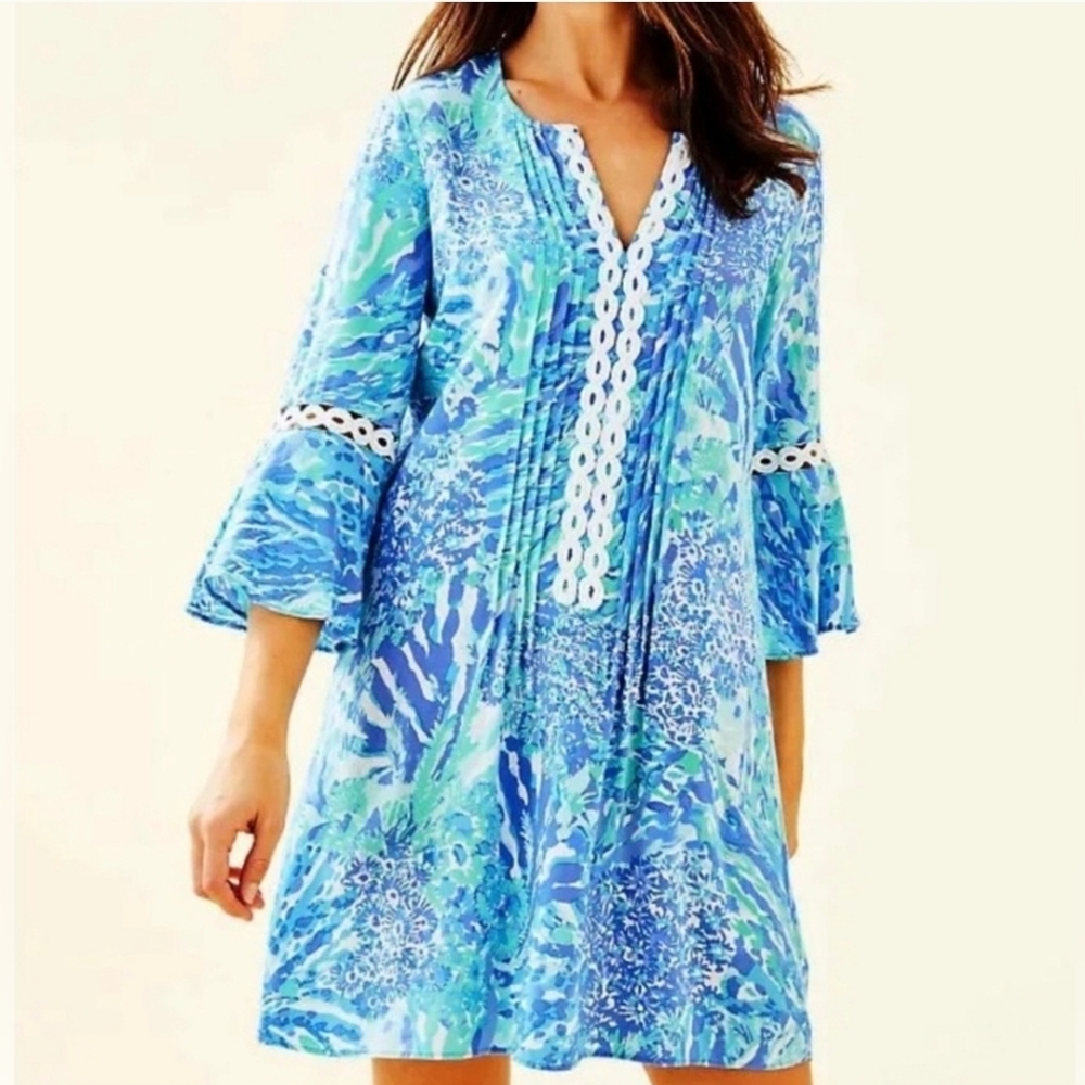 Lilly Pulitzer Hollie Tunic Dress Hey Hey Soleil Blue Haven XS Bell Sleeve Boho